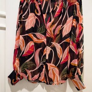 Chico's Tropical Leaf  Sheer Blouse - Pink, Orange, Green